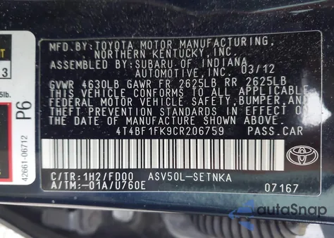 2012 Toyota Camry Le from USA, damaged, VIN 4T4BF1FK9CR206759